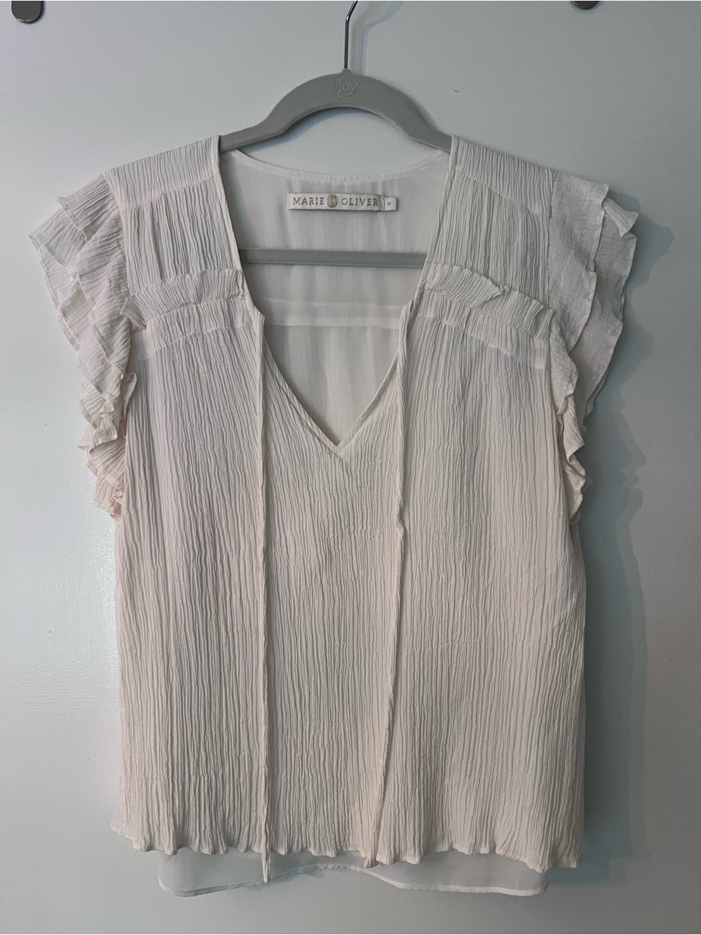 Marie Oliver Soft Cream Crinkle V-Neck Ruffle Sleeve Blouse